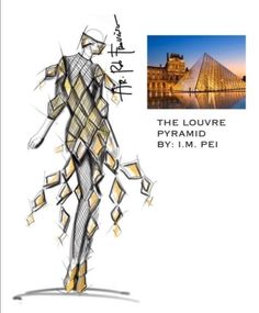 a drawing of a woman in a dress with the words, the louvre pyramid by 1 m - pe