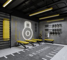 a room with yellow benches and headphones on the wall next to a neon sign