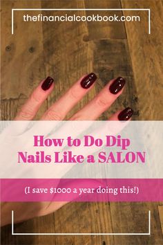 a woman's hand with red nail polish on it and the text how to do dip nails like a salon