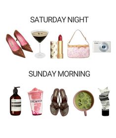 the words saturday night are written in black and white with images of shoes, handbags, purses