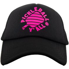 Pickleball is the new trendy sport. This hat features a playful pickleball design with "pickle ball y'all" text around it. It's perfect for showing their love of the game, and it's sure to turn heads on the court. Plus, the foam trucker construction will keep them cool and comfortable all day long. So go ahead and make a statement - pick up our Pickleball Y'all Foam Trucker Hat today! 65% cotton, 35% polyester machine wash delicate or hand wash one size fits most adjustable back mesh netting sna Adjustable Novelty Sports Hats, Fun Trucker Hat For Sports, Adjustable Fun Baseball Cap For Sports, Fun Adjustable Baseball Cap For Sports, Casual Snapback Trucker Hat For Pickleball, Black Fun Sports Hat, Fun Black Sports Hat, Fun Black Hat For Sports, Fun Sports Trucker Hat