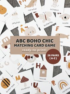 the abc boho chic matching card game is full of cute animals and letters