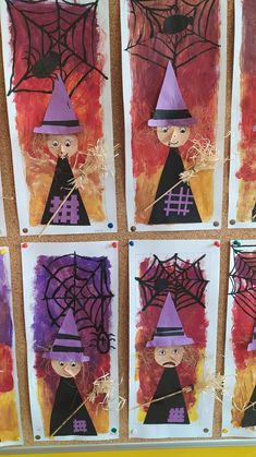 halloween art project for kids using construction paper and spider webs to create witch hats