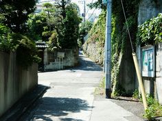 an alley way with trees and bushes on both sides, next to a building that has a sign in the corner