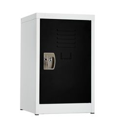 a white and black cabinet with a lock on it