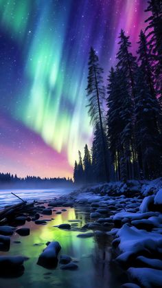 an aurora bore is seen over the water in this winter scene with rocks and snow