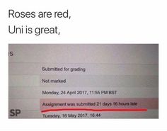 a screen shot of a text message that reads roses are red, uni is great, not marked