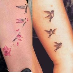 two tattoos that have birds on them and flowers on the side of their legs, one is