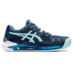 Asics Women`s GEL-Resolution 8 CLAY Tennis Shoes Color: Light Indigo/Clear Blue The best-selling and ever popular Asics Gel Resolution 8 is back in icy new colors for 2022. The Gel Resolution 8 is built for support and stability with Flexion Fit and Dynawall technologies that provide fitted support and midfoot support especially designed for lateral movement. A torque control feature in the heel adds to the locked-in feel for quick transitions.Featuring the marquee Asics Gel technology in the he Asics Women Gel, Tennis Racquets, Court Heels, Womens Tennis Shoes, Tennis Sneakers, Womens Tennis, Asics Women, Hot Sneakers, Low Top Sneakers