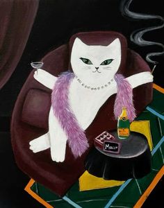 a painting of a white cat sitting in a chair with a glass and bottle on it