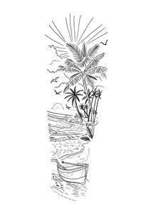 a black and white drawing of a boat on the water with palm trees in the background