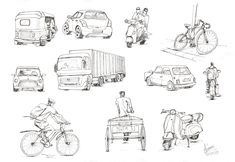 sketches of various vehicles and people on bicycles