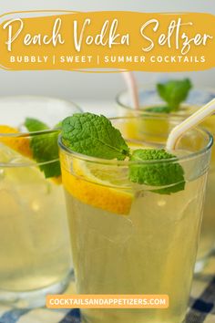 two glasses filled with lemonade and mint on top of a checkered table cloth