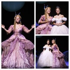 three pictures of two women in dresses and tiaras, one wearing a dress with ruffles