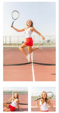 the girl is jumping up to hit the tennis ball with her racket on the court