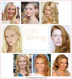 Light Spring, Spring-Summer seasonal color celebrities by 30somethingurbangirl.com Spring Skin Tone, Palette Hair Color, Spring Hair Color Blonde, Light Spring Color Palette, Spring Skin, 30 Something, Spring Color Palette, Light Blonde Hair