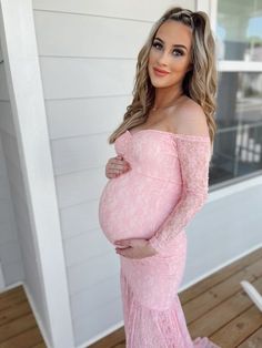 This full-lace long-sleeve mermaid maternity gown is pure elegance and perfect for every season. The dress is constructed from stretchy lace with premium stretch material lining on the bodice with unlined lace on the bottom. This design is perfect for your maternity photoshoot or any special occasion. Fitted Maternity Dress With Lace Bodice, Fitted Maternity Lace Dress With Lace Trim, Maternity Scallop Lace Fitted Dress, Maternity Fitted Lace Dress With Scalloped Lace, Fitted Lace Maternity Dress, Fitted Maternity Dress With Lace Trim, Long Sleeve Lace Maternity Dress For Wedding, Fitted Scallop Lace Maternity Dress, Long Sleeve Lace Maternity Dress