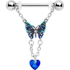 14 Gauge 9/16 Blue Gem Heart Colorful Butterfly Dangle Nipple Ring Set The colorful butterfly on this 14 gauge nipple jewelry is going to steal your heart! It's made with 14mm durable 316L surgical grade stainless steel straight barbells with 5mm ball ends. Each one features a butterfly charm, embellished with multi-color inlay and set at the center with an aurora gem. The bottoms of the butterflies wings have a chain dangling from them, which support a blue heart-shaped gem. The overall look is Trendy Blue Jewelry With Heart Charm, Adjustable Blue Jewelry For Valentine's Day, Trendy Blue Heart-shaped Jewelry, Nickel-free Blue Jewelry For Valentine's Day, Nickel-free Blue Heart-shaped Jewelry, Butterflies Wings, Piercing Rings, Tongue Rings, Piercing Ring