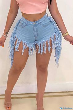 OrcaJump - Chic Retro Denim Shorts with Tassel Detail and Patchwork Design, Featuring Zipper Closure and Stylish Patch Pockets Retro Denim Shorts, Patchwork Designs, Patch Pocket, Baby Blue, Tassels, Denim Shorts, Zipper, Blue, Color