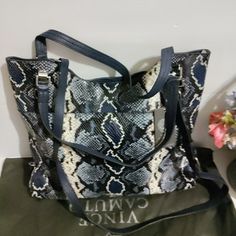 Questions? Leave A Comment Below! Large Vince Camuto Bag, Blue Cream, Womens Tote Bags, Leave A Comment, Embossed Leather, Vince Camuto, Leather Tote, Color Blue, Cream