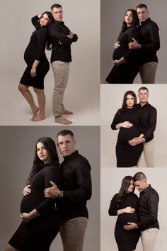 an image of a couple posing for their newborn photo shoot in black and tan colors