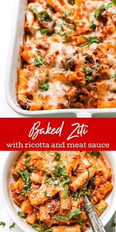 baked ziti with ricotta and meat sauce in a white casserole dish