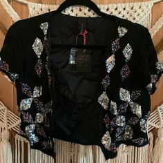 Nwt Should Fit Up To A Medium Embellished Black Outerwear For Party Season, Black Embellished Outerwear For Party Season, Beaded Tops For Night Out In Fall, Beaded Tops For Fall Night Out, Tulle Jacket, Pendleton Jacket, Green Tulle, Seersucker Pants, Cotton Vest