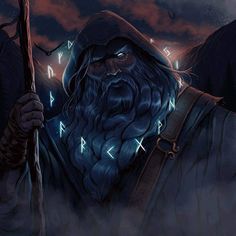 an image of a wizard holding a staff in his hand and looking at the sky