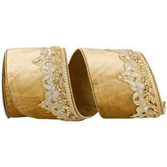 two rolls of gold satin ribbon with white lace