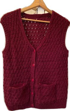 Red Knit Vest For Fall, Red Knit Winter Vest, Red Knit Vest For Winter, Hand Knitted Sleeveless Vest For Fall, Vest Handmade, Handmade Vest, Vest With Pockets, Vest Sweater, Red Vest