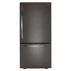 a stainless steel refrigerator freezer sitting on top of a white background with the door open