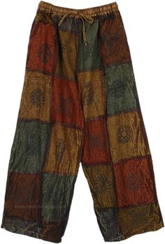 Deep-colored, casual, and stylish, these boho hippie pants with side pockets are perfect for your next adventure day out! The patchwork style has a harmonious combination of dark shades of browns and greens. The elastic drawstring waist ensures comfort, and the loose pants have assorted hippie-style symbols which look unique. #tlb #SplitSkirtsPants #Patchwork #JuniorPetite #bohemianfashion #Handmade #Patchworkcottonpants #hippiecottonpants The Little Bazaar Pants, Festival Brown Patchwork Bottoms, Brown Patchwork Pants For Fall, Hippie Style Brown Bottoms For Festival, Brown Hippie Bottoms For Festival, Hippie Style Brown Festival Bottoms, Brown Patchwork Bottoms For Fall, Hippie Brown Bottoms For Fall, Brown Patchwork Long Pants