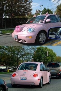 two pictures of the same pink car in different stages of being driven by another car