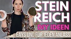 a woman holding up a rock in front of her face with the words sten reich diy iden