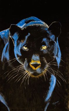 a painting of a black panther with yellow eyes and blue fur on it's head