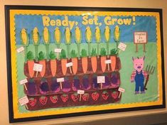 a bulletin board with carrots and plants on it that says ready set grow in the center