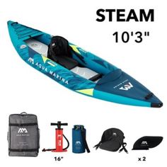 an inflatable kayak is shown with accessories