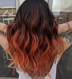 Black To Copper Ombre Hair, Perimeter Dyed Hair, Ombre Hair Orange, Black To Ginger Hair Ombre, Balayage Orange Hair, Orange Dip Dye Hair, Red Hair With Orange Highlights