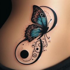 a woman's stomach with a butterfly tattoo on the side and circles around it