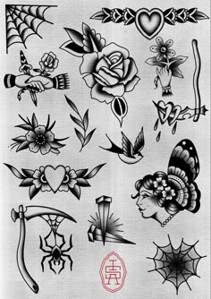 an old school tattoo design with roses, spider webs and other tattoos on it