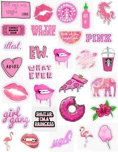 pink stickers with different types of lipstick and other things on them, all in the same