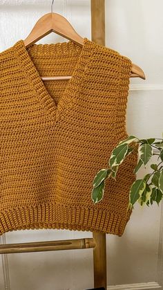 an orange sweater hanging on a wooden hanger next to a green potted plant