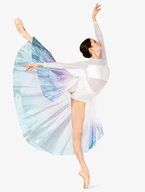 a ballerina in white leotard and blue skirt