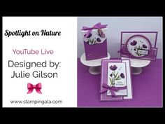 some cards with purple flowers on them and the words you tube live designed by julia gibson