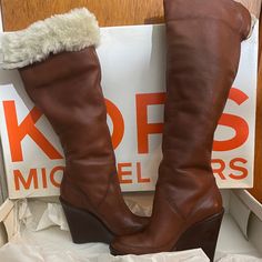 Kors By Michael Kors “Altitude” Brown Leather / Faux Fur Shearling Lined Wedge Platform Tall Knee-High / Over-The-Knee (Otk) Boots (Pull On Style, No Zipper; Can Be Unfolded To Be Otk Style Or Folded Down To Reveal Faux Fur Lining) Size: Us 6 New In Box Leather Wedge Heel Boots For Winter, Winter Leather Wedge Boots, Brown Leather Wedge Heel Boots, Brown Wedge Heel Boots For Winter, Brown Leather Wedge Boots, Otk Boots, Boot Pulls, Shearling Boots, Michael Kors Shoes