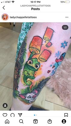 a person with a tattoo on their arm and leg that has an image of a cartoon character