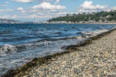 a rocky beach next to the ocean under a cloudy blue sky