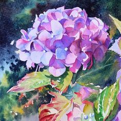 a watercolor painting of purple flowers in a vase