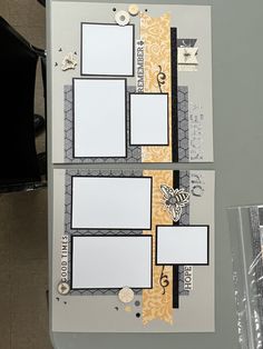 two scrapbook pages with white and yellow paper