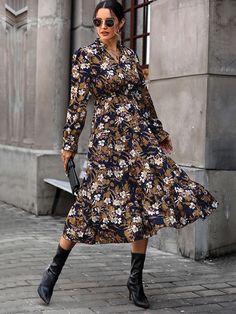 Retro Elegant V Neck Floral Printing Casual Dress Vestidos Retro, Floral Printed Dress, Calf Length Skirts, Floral Print Fabric, Weave Style, Flounce Sleeve, Daily Dress, Everyday Dresses, Printed Dress